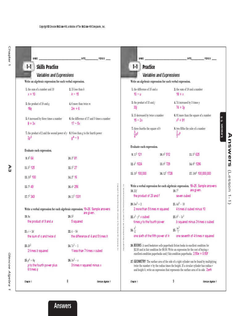 Glencoe Algebra 2 Skills Practice Answer Key